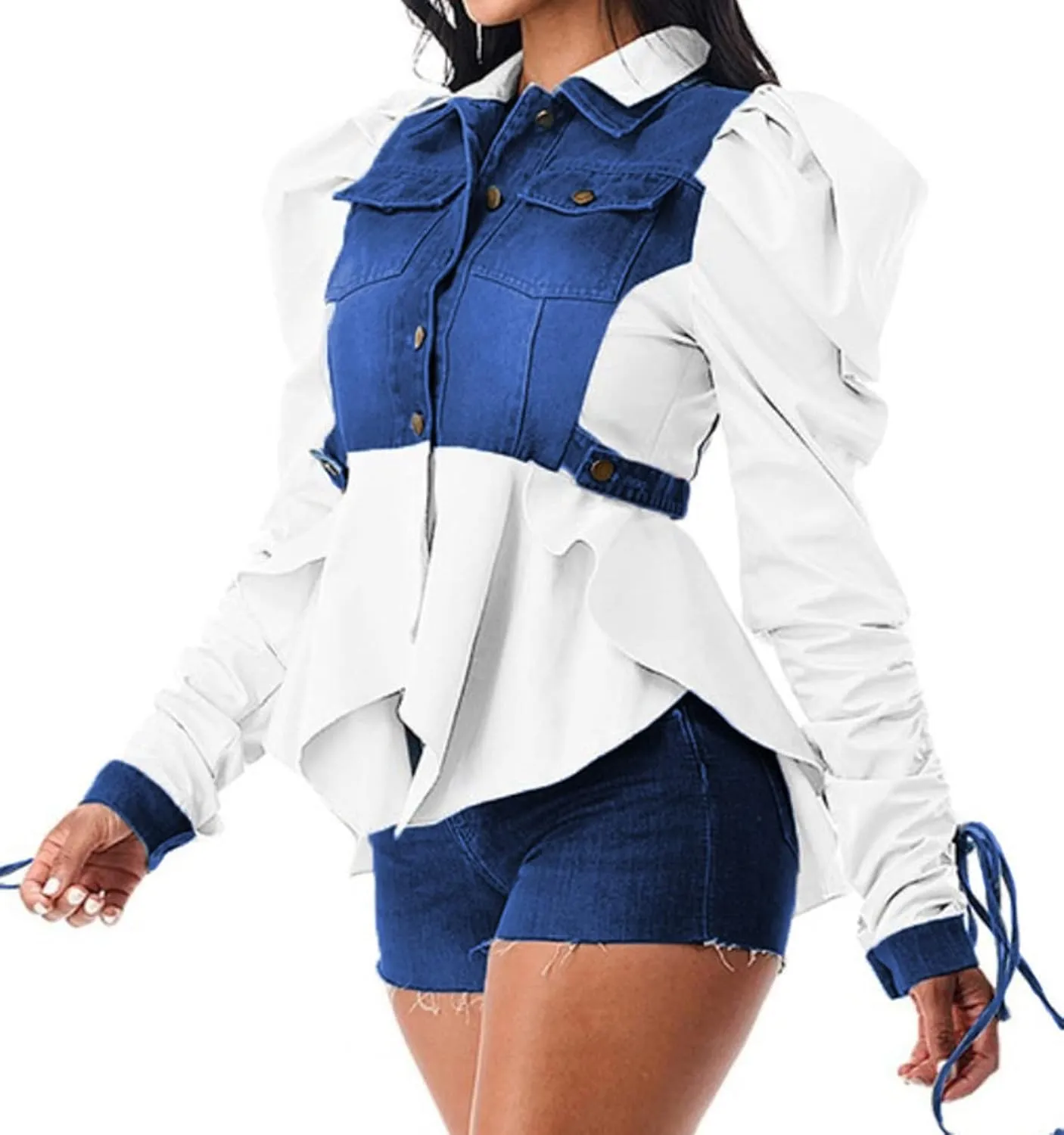 Famnbro Womens 2024 Puff Sleeve Ruffle Peplum Top Button Up Patchwork Jean Jacket Shirt Blouses Tops