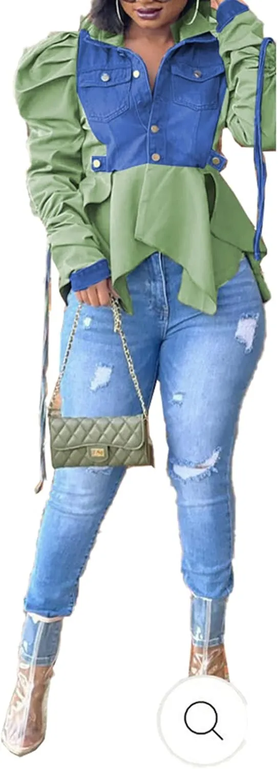 Famnbro Womens 2024 Puff Sleeve Ruffle Peplum Top Button Up Patchwork Jean Jacket Shirt Blouses Tops