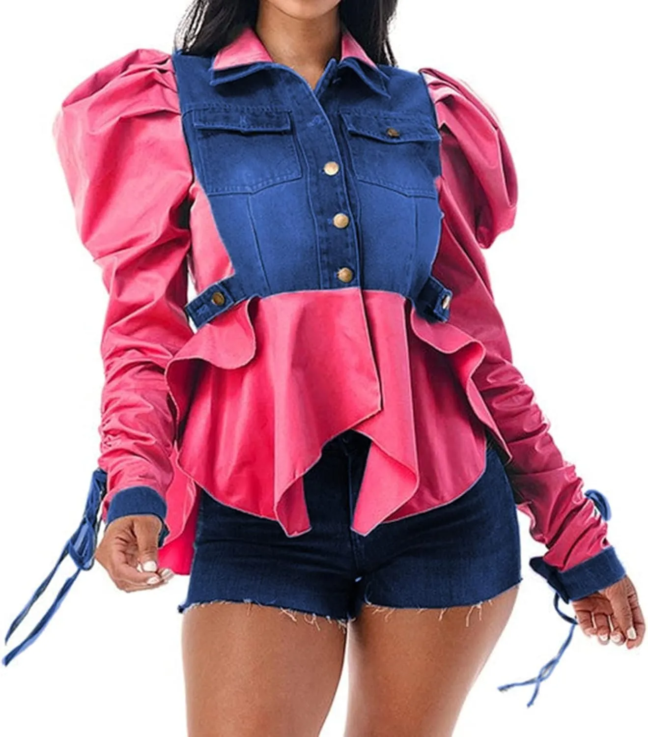Famnbro Womens 2024 Puff Sleeve Ruffle Peplum Top Button Up Patchwork Jean Jacket Shirt Blouses Tops