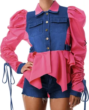 Famnbro Womens 2024 Puff Sleeve Ruffle Peplum Top Button Up Patchwork Jean Jacket Shirt Blouses Tops