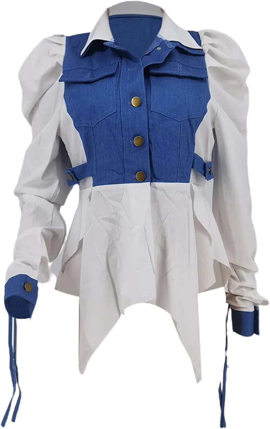 Famnbro Womens 2024 Puff Sleeve Ruffle Peplum Top Button Up Patchwork Jean Jacket Shirt Blouses Tops