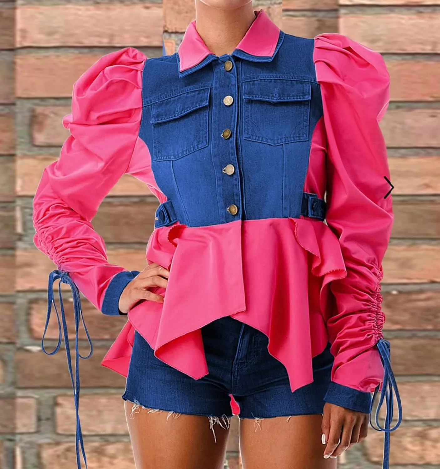Famnbro Womens 2024 Puff Sleeve Ruffle Peplum Top Button Up Patchwork Jean Jacket Shirt Blouses Tops