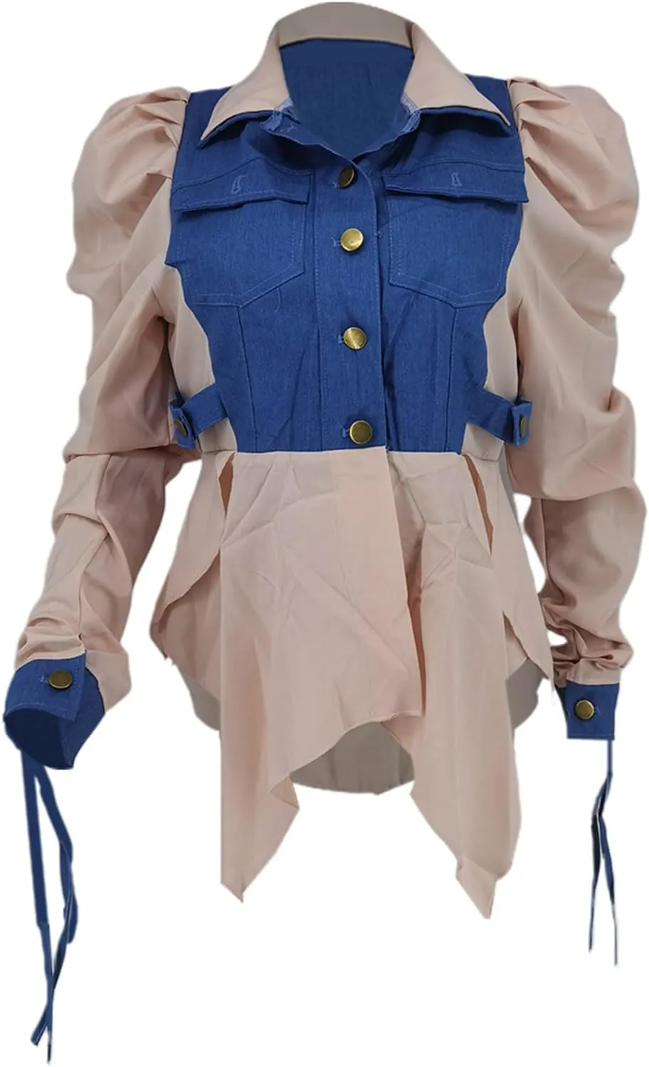 Famnbro Womens 2024 Puff Sleeve Ruffle Peplum Top Button Up Patchwork Jean Jacket Shirt Blouses Tops