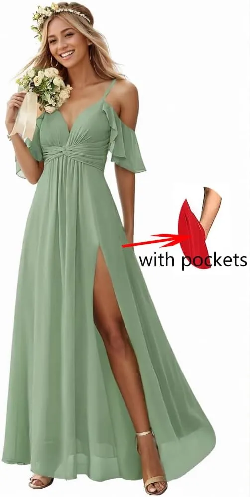 Fanao Off The Shoulder Chiffon Bridesmaid Dresses for Women with Slit A Line Formal Evening Party Dress with Pockets FBD001