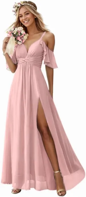 Fanao Off The Shoulder Chiffon Bridesmaid Dresses for Women with Slit A Line Formal Evening Party Dress with Pockets FBD001