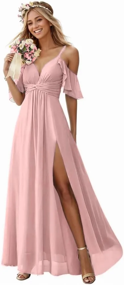 Fanao Off The Shoulder Chiffon Bridesmaid Dresses for Women with Slit A Line Formal Evening Party Dress with Pockets FBD001