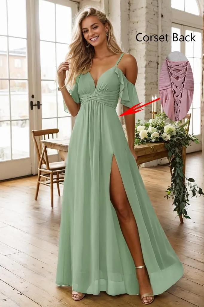Fanao Off The Shoulder Chiffon Bridesmaid Dresses for Women with Slit A Line Formal Evening Party Dress with Pockets FBD001