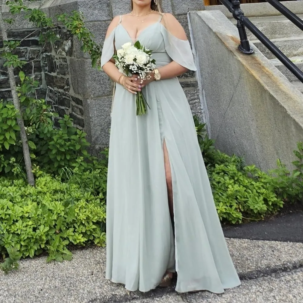 Fanao Off The Shoulder Chiffon Bridesmaid Dresses for Women with Slit A Line Formal Evening Party Dress with Pockets FBD001