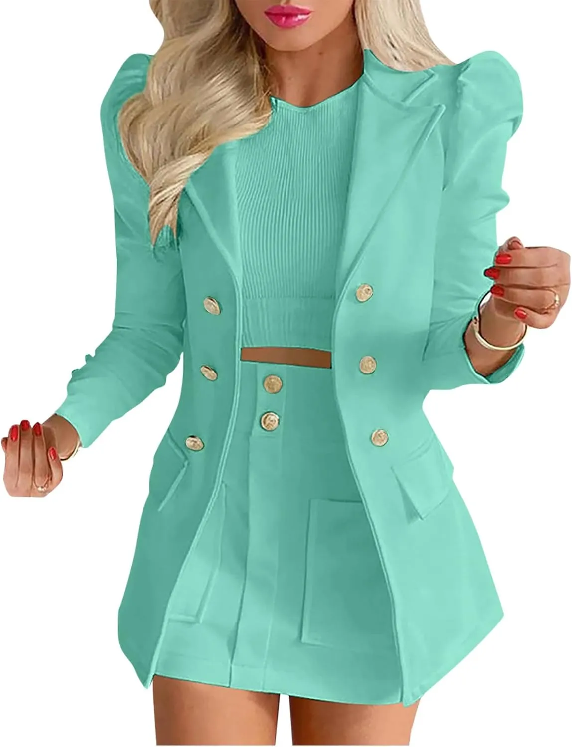 Fashion Business Casual Outfits for Ladies Solid Suits 3 Piece Set Slim Cardigan Blazer Jacket Matching Short Skirts