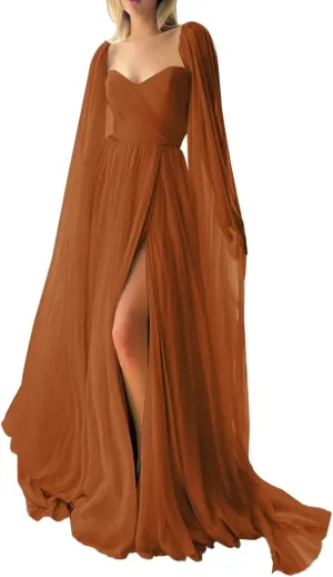 Fashion Long Cap Ruffle Prom Dress for Women Split 2024 Party Dress for Girls Crow Neck Chiffon Evening Dresses
