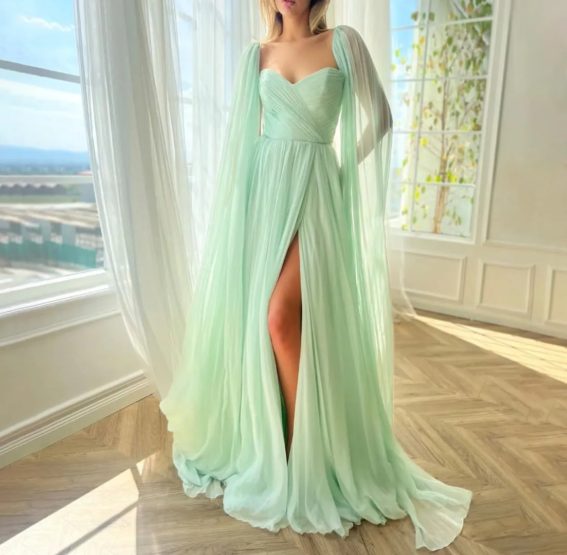 Fashion Long Cap Ruffle Prom Dress for Women Split 2024 Party Dress for Girls Crow Neck Chiffon Evening Dresses