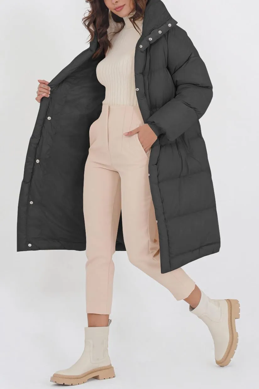 Fazortev Women's Long Puffer Jacket Stand Collar Zip Baggy Down Coats with Side Pockets Outwear