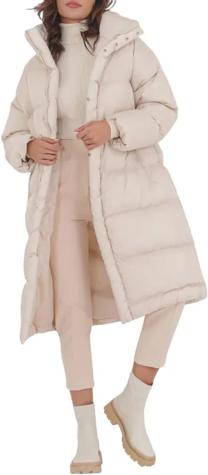 Fazortev Women's Long Puffer Jacket Stand Collar Zip Baggy Down Coats with Side Pockets Outwear