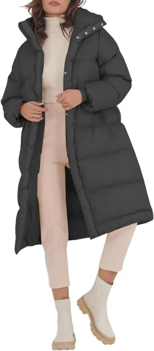 Fazortev Women's Long Puffer Jacket Stand Collar Zip Baggy Down Coats with Side Pockets Outwear