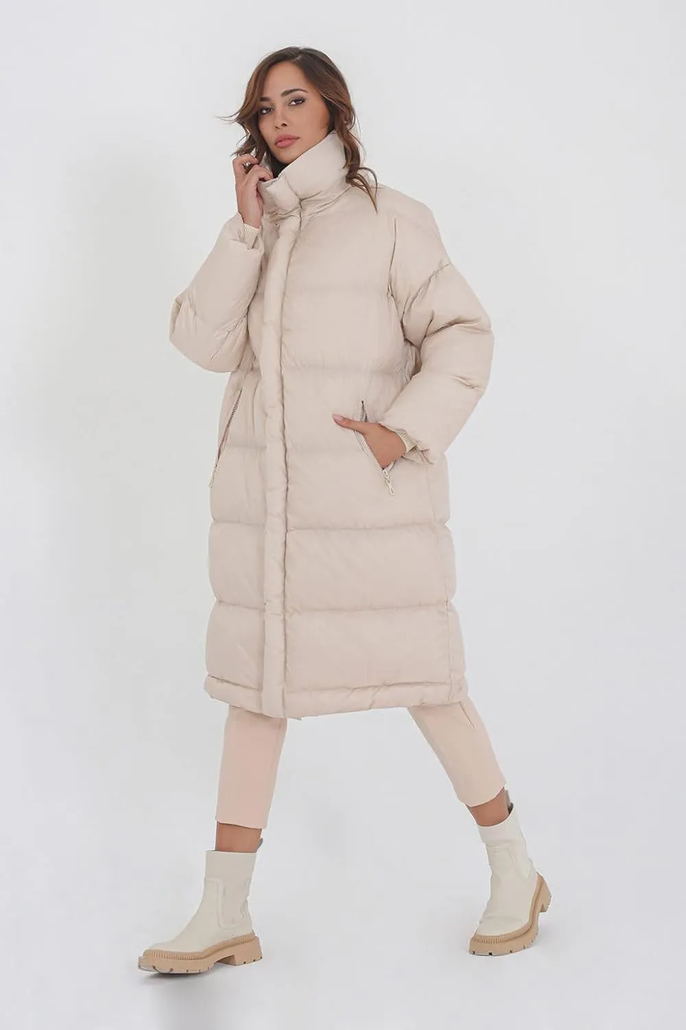 Fazortev Women's Long Puffer Jacket Stand Collar Zip Baggy Down Coats with Side Pockets Outwear