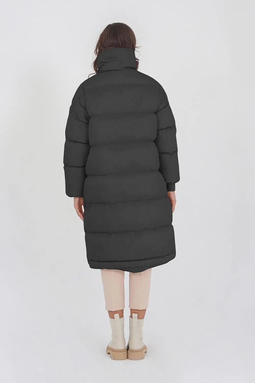 Fazortev Women's Long Puffer Jacket Stand Collar Zip Baggy Down Coats with Side Pockets Outwear