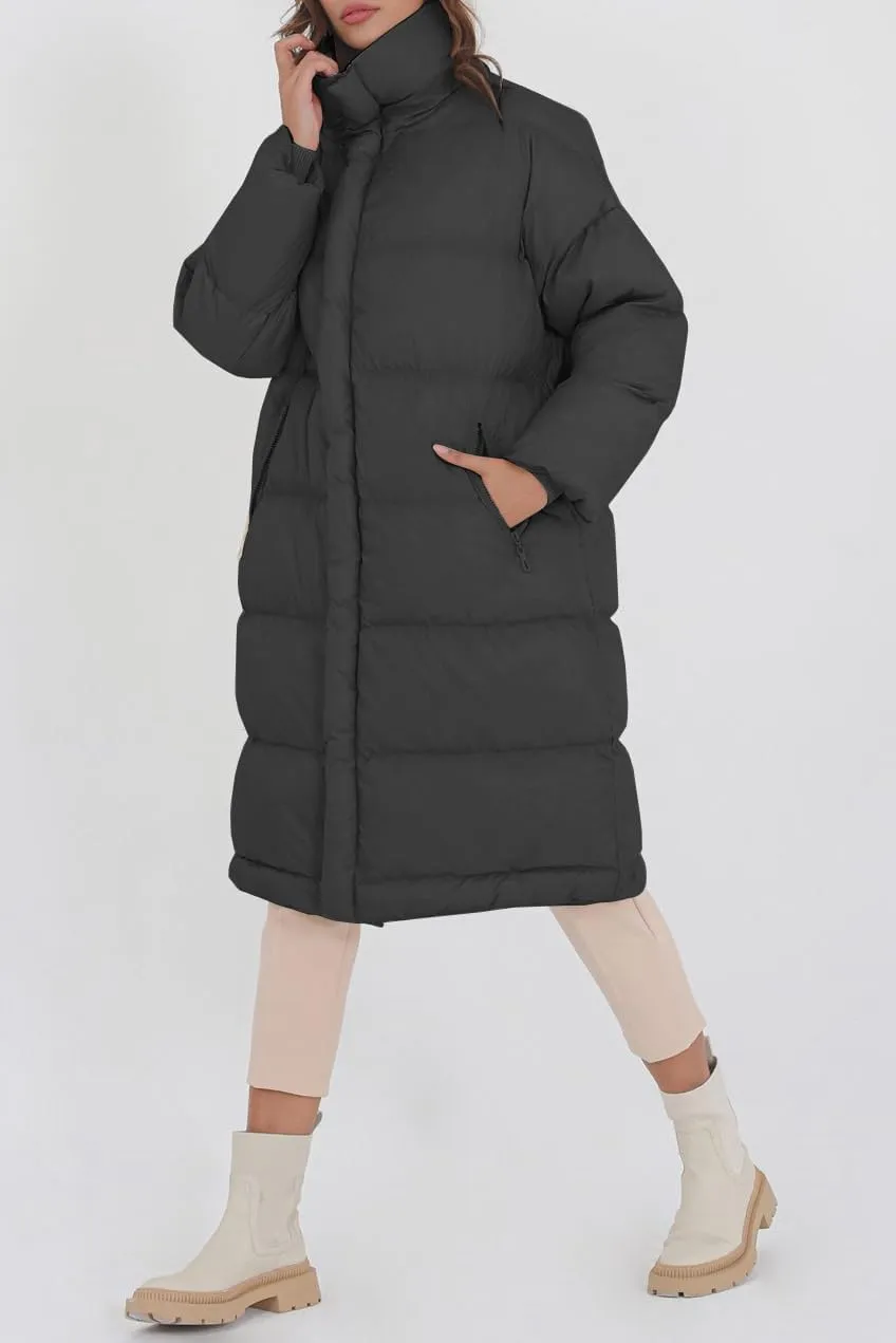 Fazortev Women's Long Puffer Jacket Stand Collar Zip Baggy Down Coats with Side Pockets Outwear
