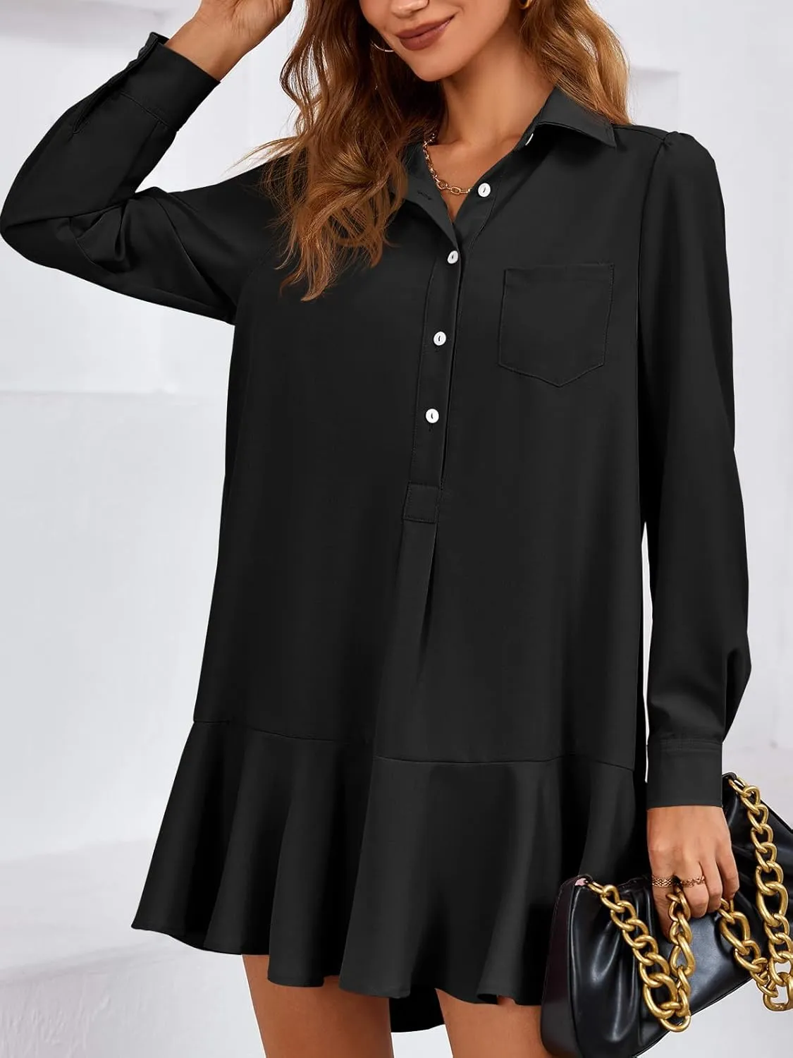 Fisoew Womens Casual Button Down Shirt Dress Long Sleeve Collared Pleated Swing Mini Dresses