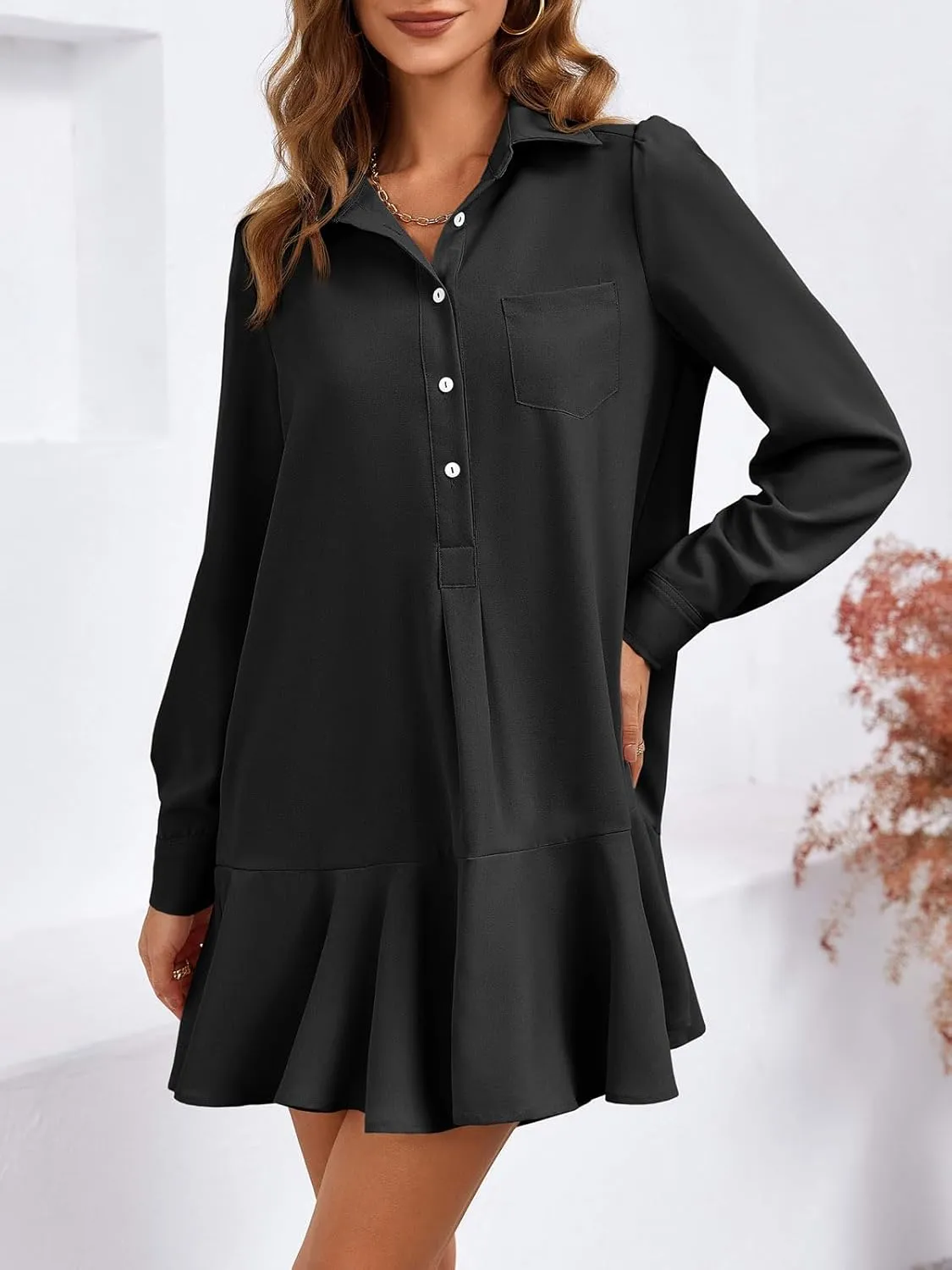 Fisoew Womens Casual Button Down Shirt Dress Long Sleeve Collared Pleated Swing Mini Dresses