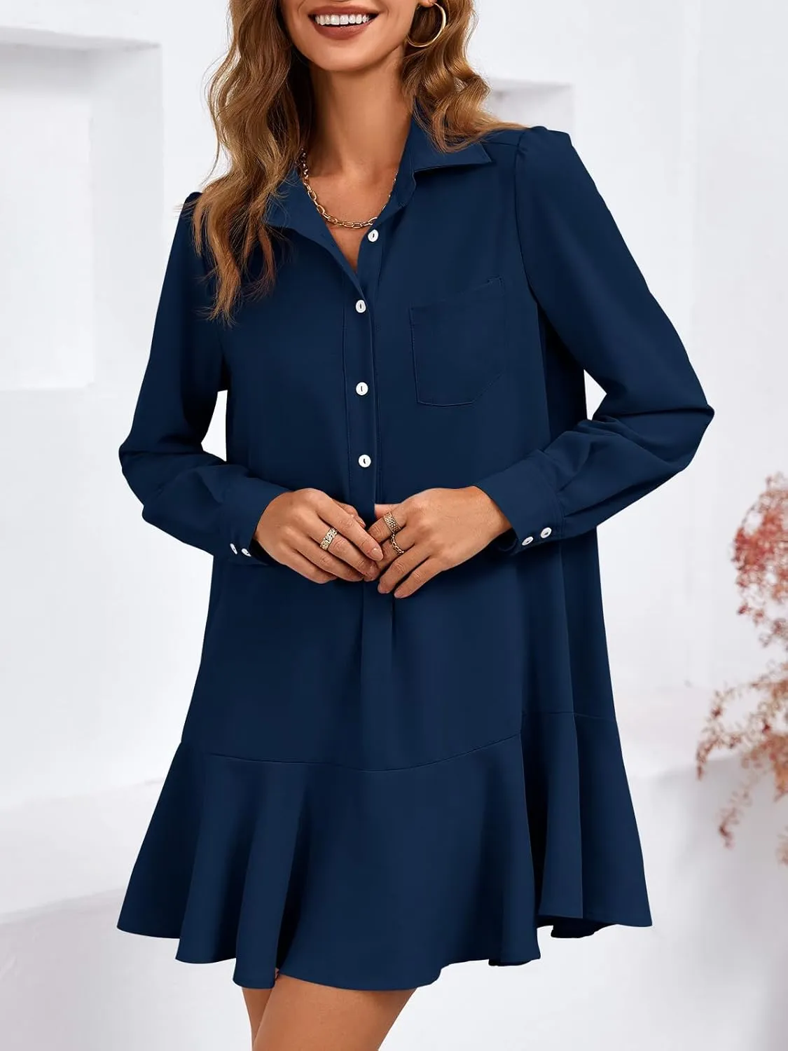 Fisoew Womens Casual Button Down Shirt Dress Long Sleeve Collared Pleated Swing Mini Dresses