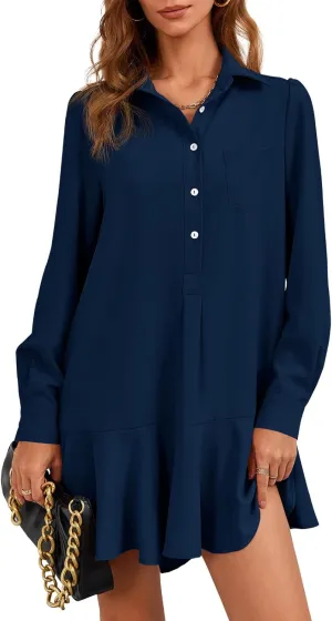 Fisoew Womens Casual Button Down Shirt Dress Long Sleeve Collared Pleated Swing Mini Dresses