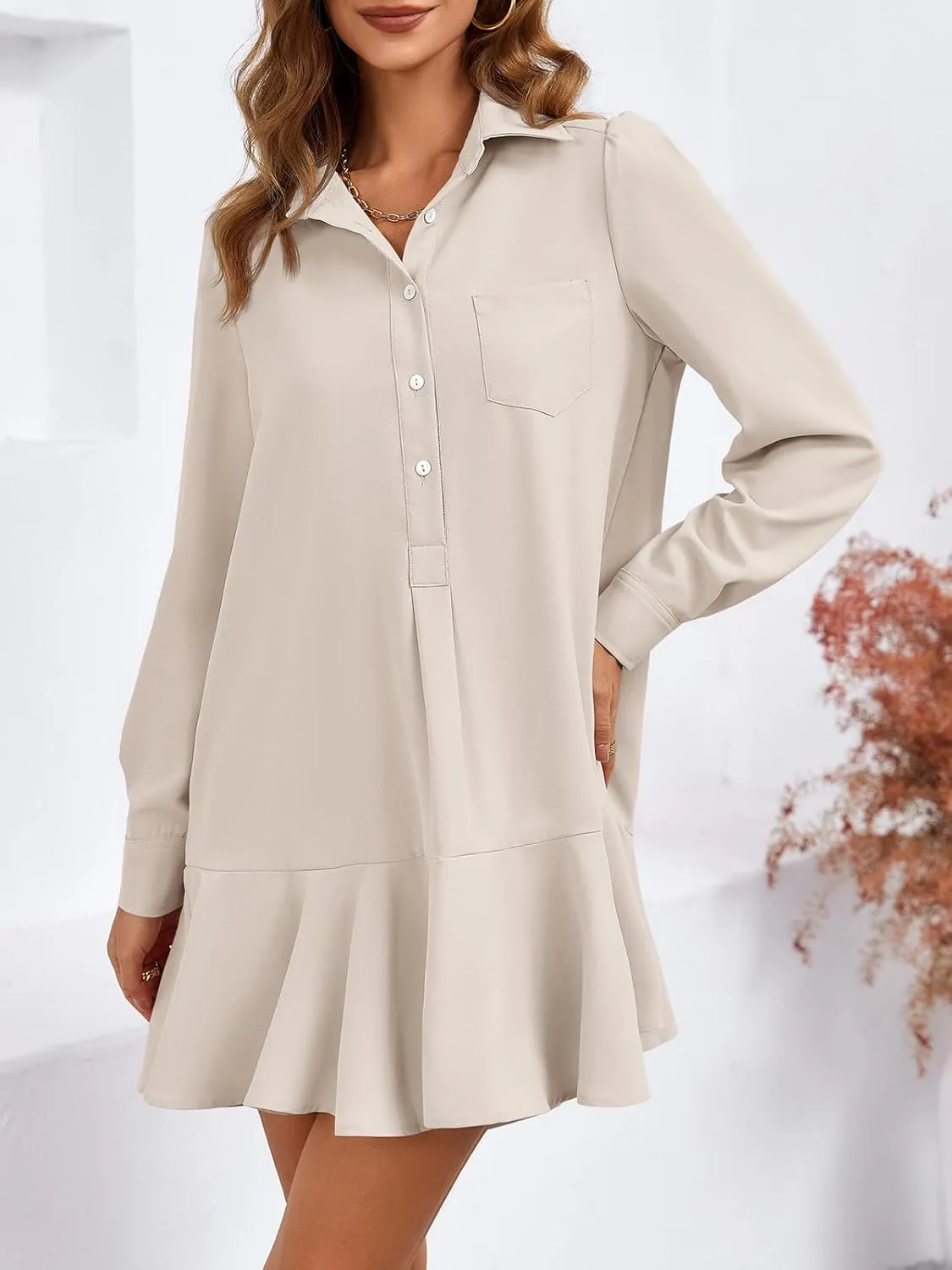Fisoew Womens Casual Button Down Shirt Dress Long Sleeve Collared Pleated Swing Mini Dresses