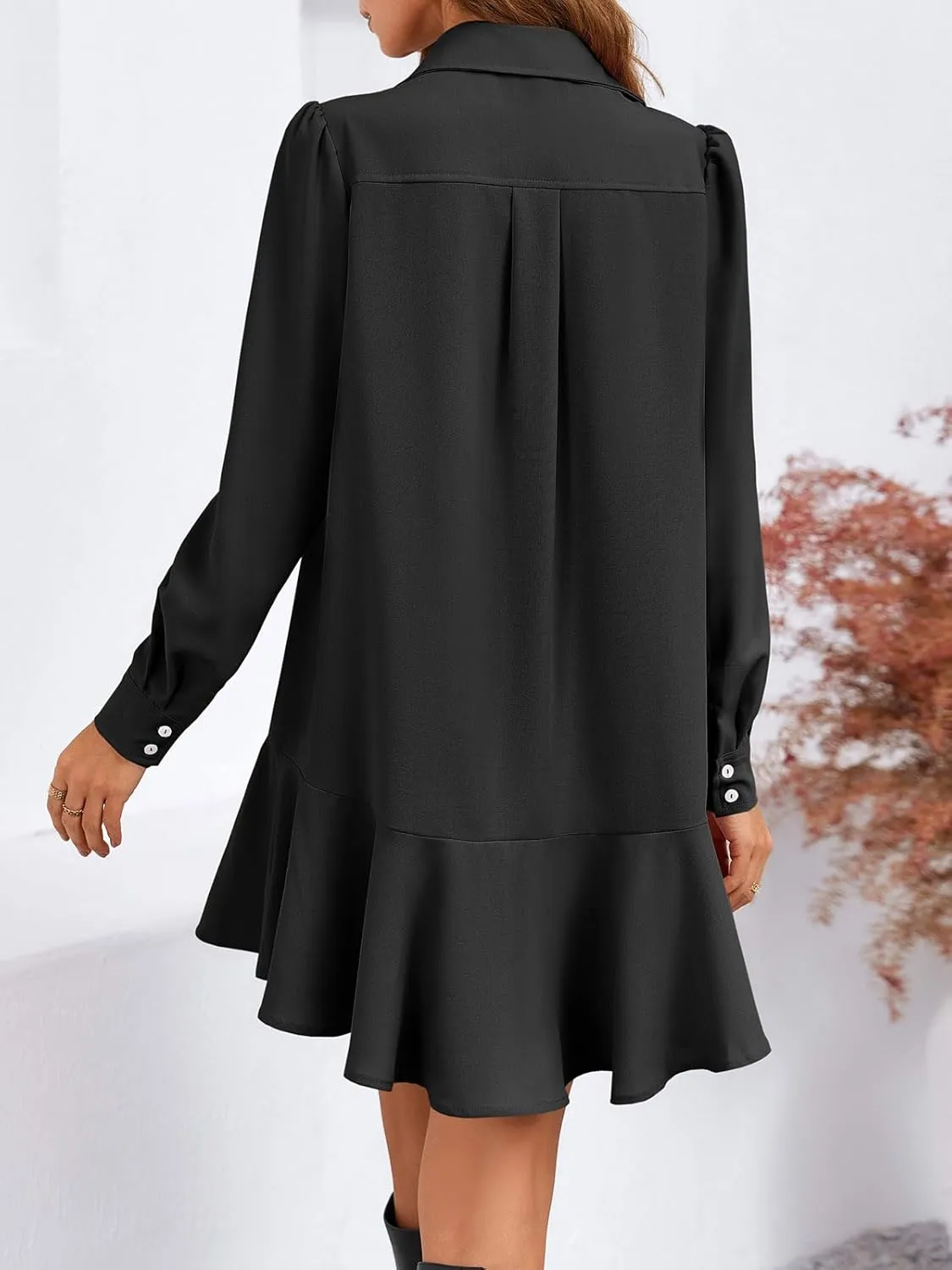Fisoew Womens Casual Button Down Shirt Dress Long Sleeve Collared Pleated Swing Mini Dresses