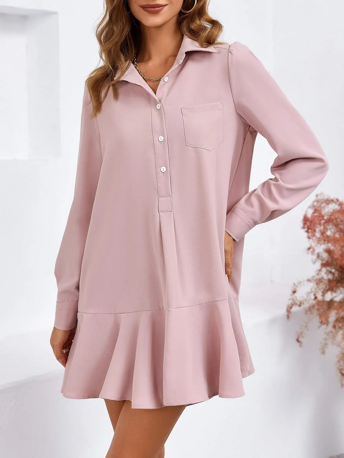 Fisoew Womens Casual Button Down Shirt Dress Long Sleeve Collared Pleated Swing Mini Dresses