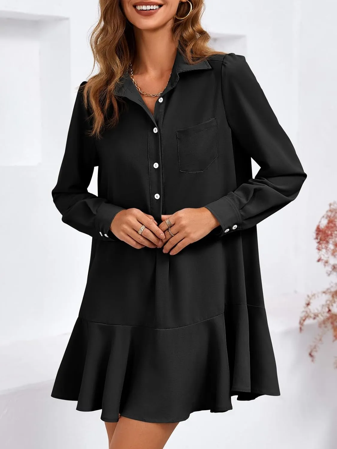 Fisoew Womens Casual Button Down Shirt Dress Long Sleeve Collared Pleated Swing Mini Dresses