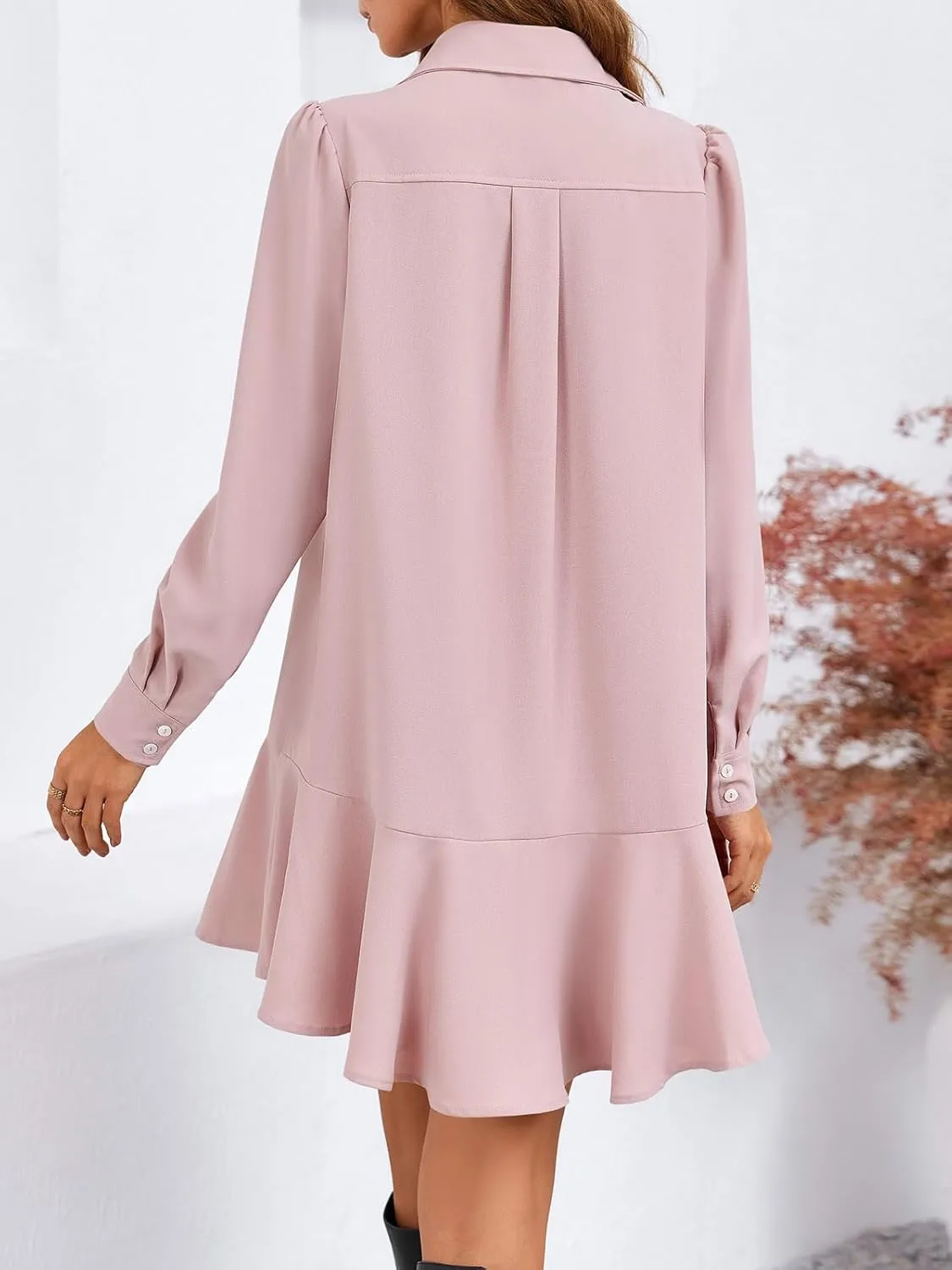 Fisoew Womens Casual Button Down Shirt Dress Long Sleeve Collared Pleated Swing Mini Dresses