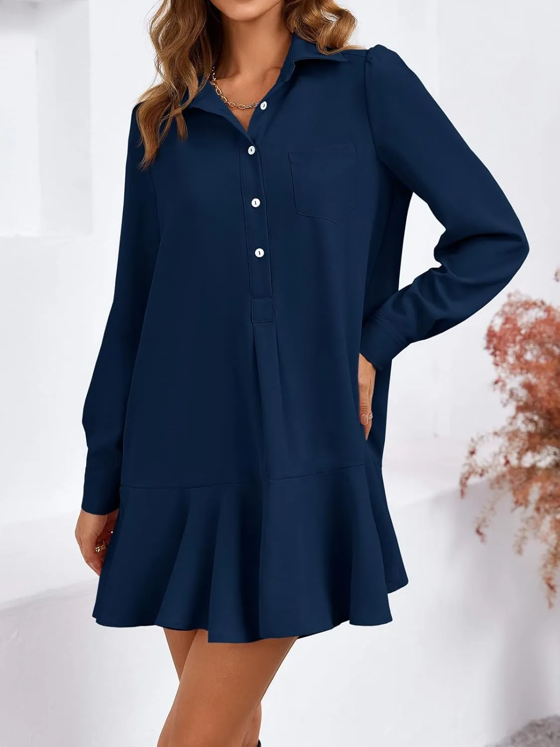 Fisoew Womens Casual Button Down Shirt Dress Long Sleeve Collared Pleated Swing Mini Dresses
