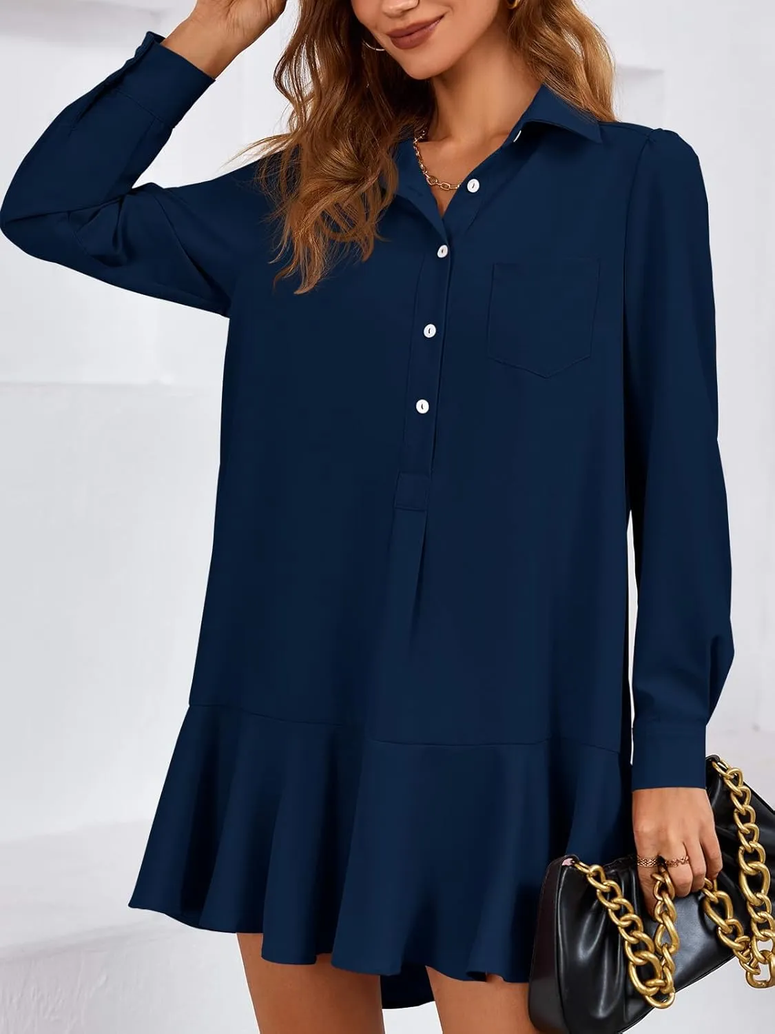 Fisoew Womens Casual Button Down Shirt Dress Long Sleeve Collared Pleated Swing Mini Dresses