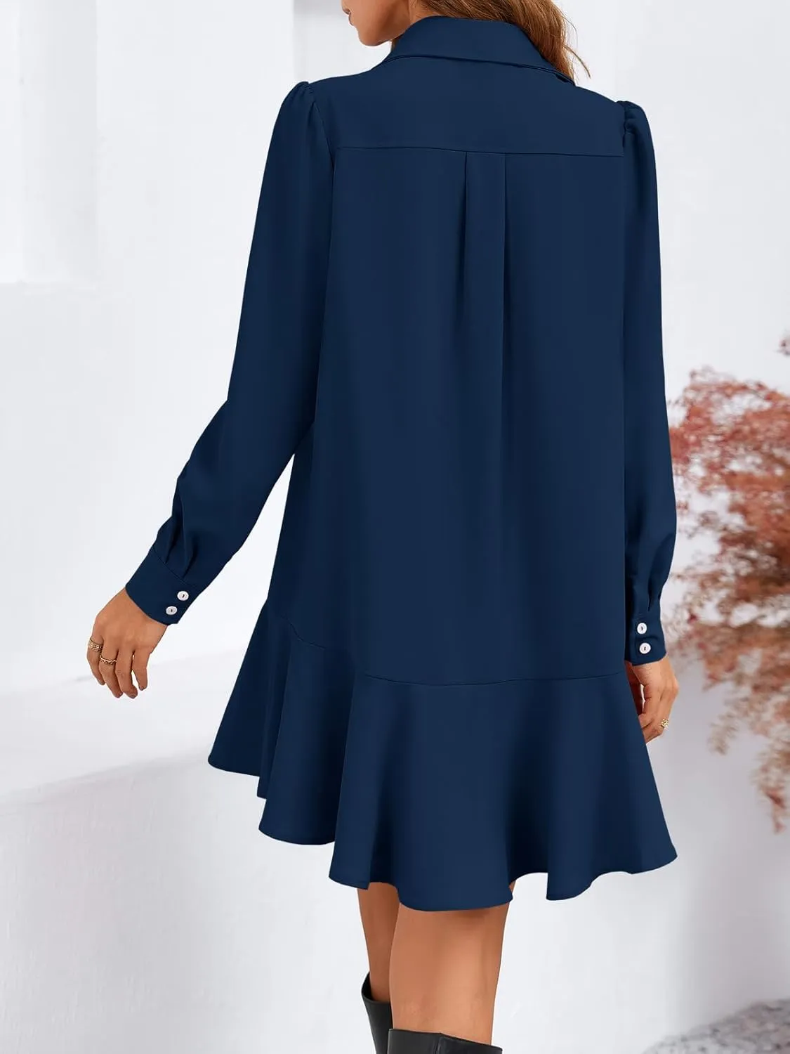 Fisoew Womens Casual Button Down Shirt Dress Long Sleeve Collared Pleated Swing Mini Dresses