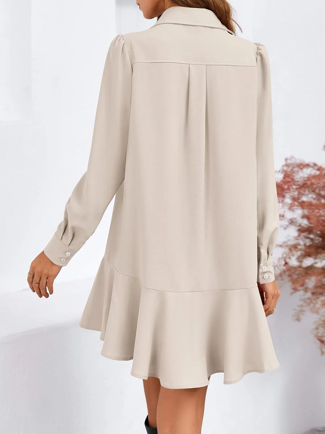 Fisoew Womens Casual Button Down Shirt Dress Long Sleeve Collared Pleated Swing Mini Dresses