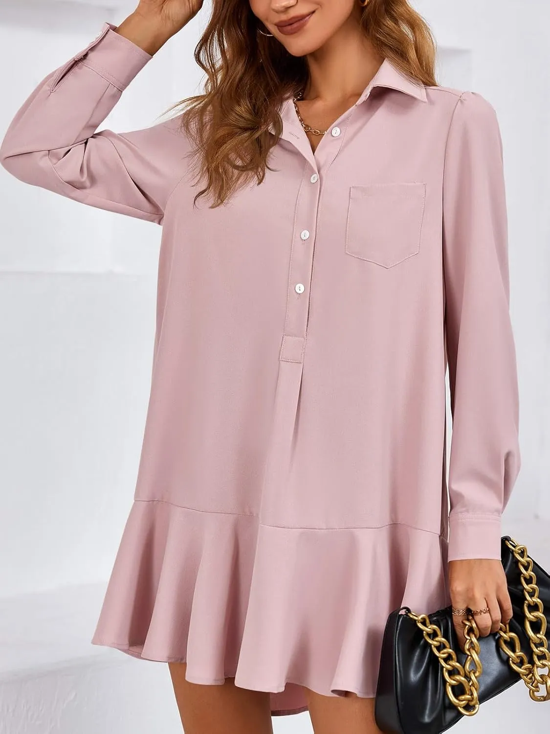 Fisoew Womens Casual Button Down Shirt Dress Long Sleeve Collared Pleated Swing Mini Dresses