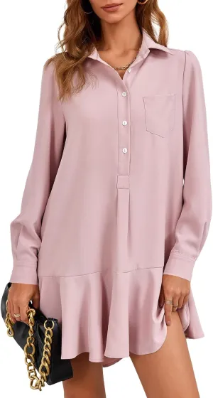 Fisoew Womens Casual Button Down Shirt Dress Long Sleeve Collared Pleated Swing Mini Dresses