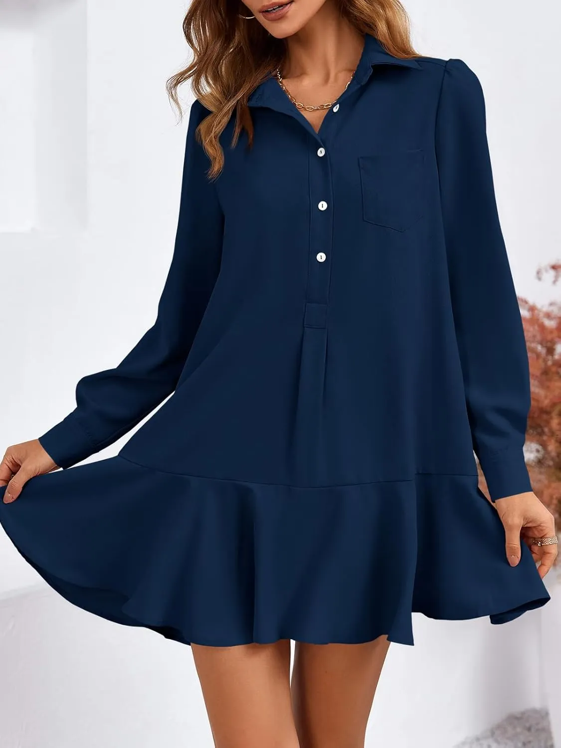 Fisoew Womens Casual Button Down Shirt Dress Long Sleeve Collared Pleated Swing Mini Dresses