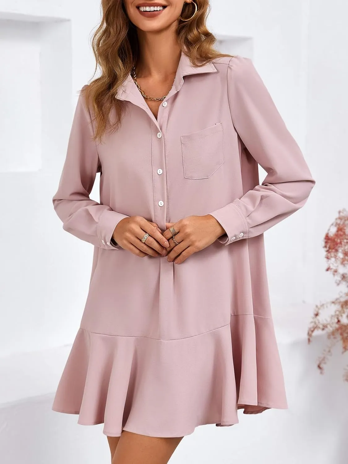Fisoew Womens Casual Button Down Shirt Dress Long Sleeve Collared Pleated Swing Mini Dresses