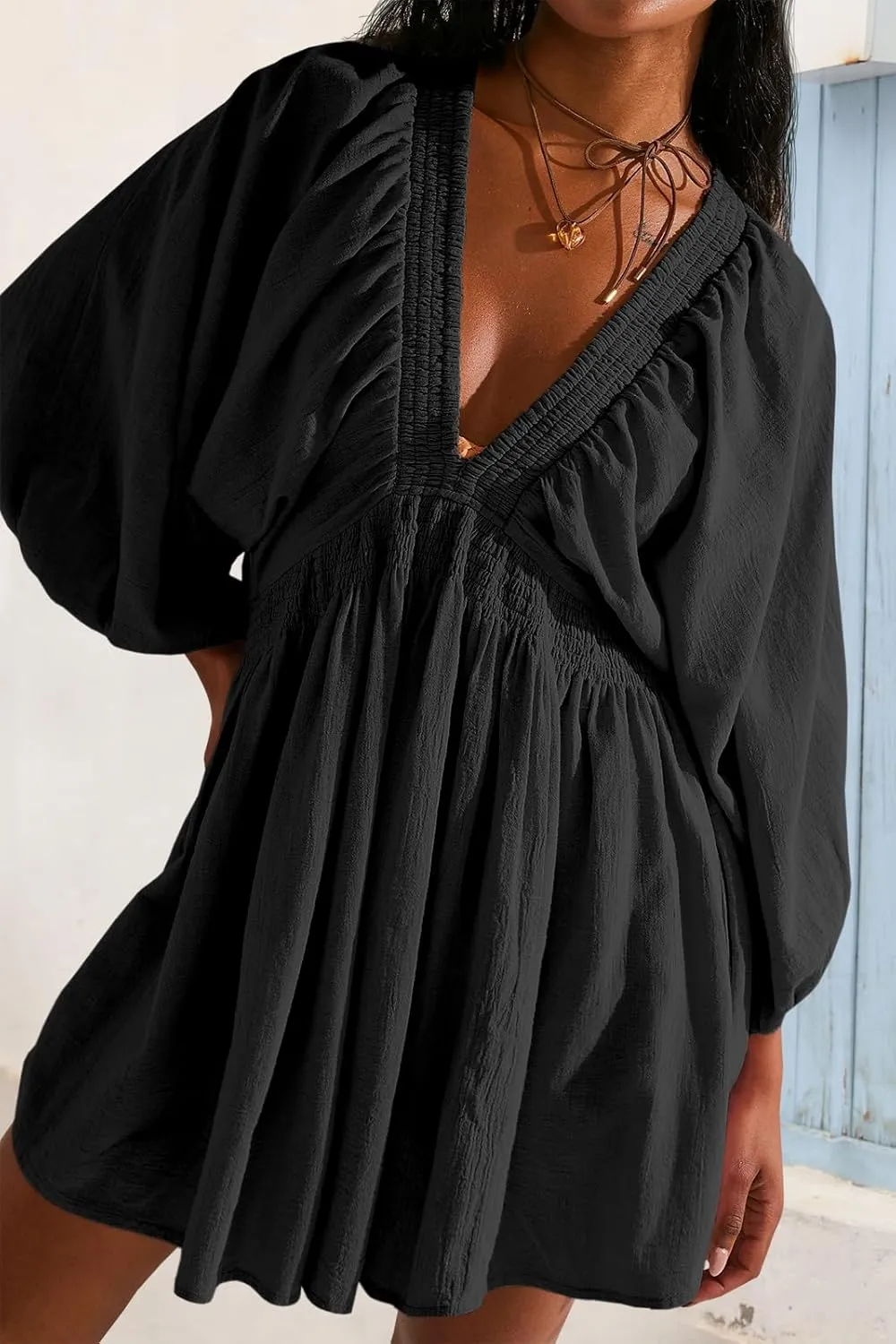 Fisoew Women's Long Sleeve Mini Dresses Deep V Neck Loose Swing Beach A Line Dress with Pockets