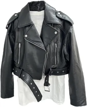 Fjnbbiot Spring Woman Faux Leather Jacket Chic Vintage Short Lapel Zipper Biker Coats Fashion Streetwear