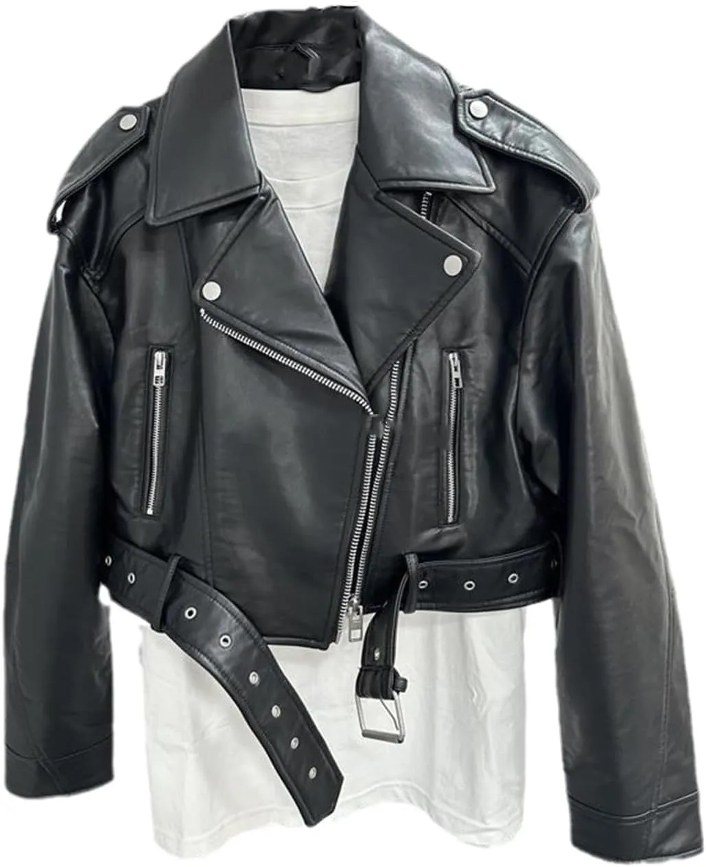 Fjnbbiot Spring Woman Faux Leather Jacket Chic Vintage Short Lapel Zipper Biker Coats Fashion Streetwear