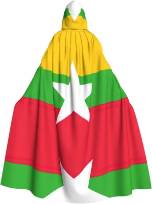 Flag Of Myanmar Print Long Cape Unisex Cloak With Hood Halloween Costume Cloak Adult Vampire Witch Cape