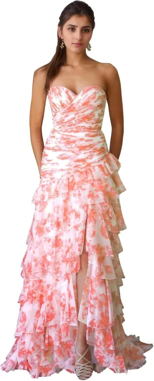 Floral Prom Dresses for Women 2025 Tiered Ball Gown A Line Long Strapless Formal Evening Party Dress with Slit