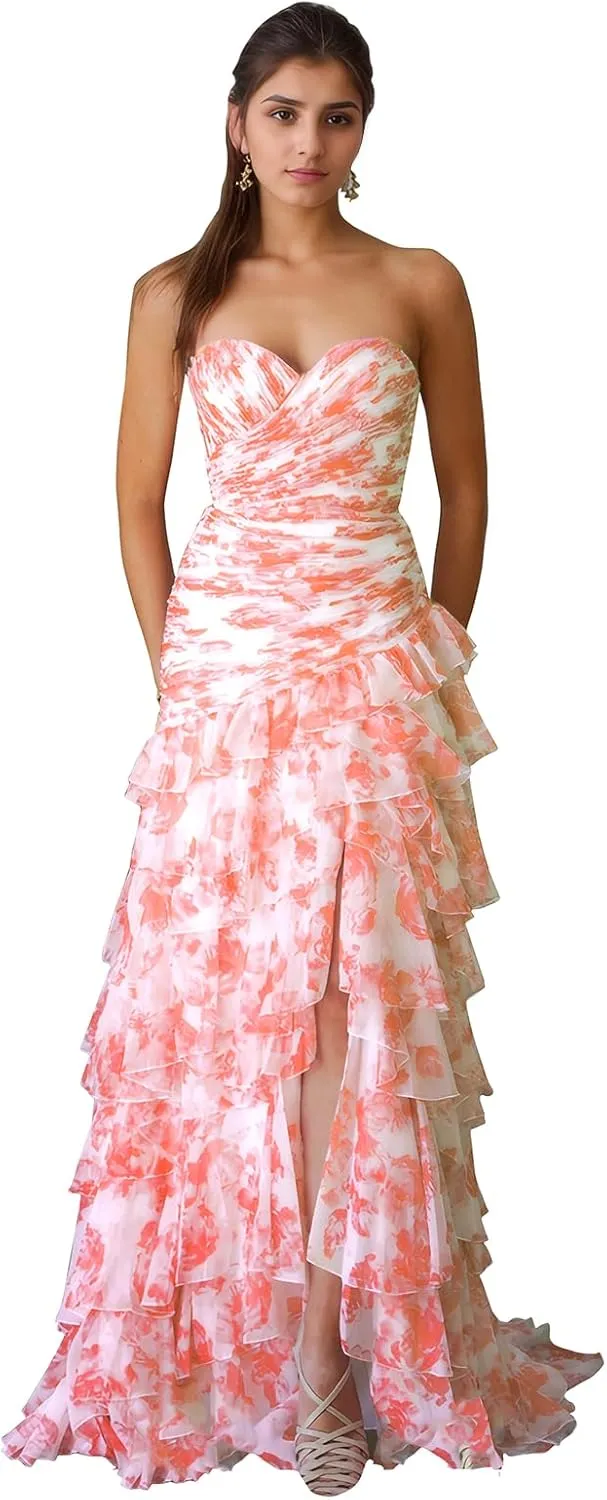 Floral Prom Dresses for Women 2025 Tiered Ball Gown A Line Long Strapless Formal Evening Party Dress with Slit