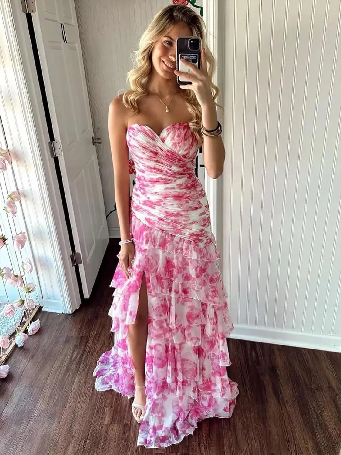 Floral Prom Dresses for Women 2025 Tiered Ball Gown A Line Long Strapless Formal Evening Party Dress with Slit
