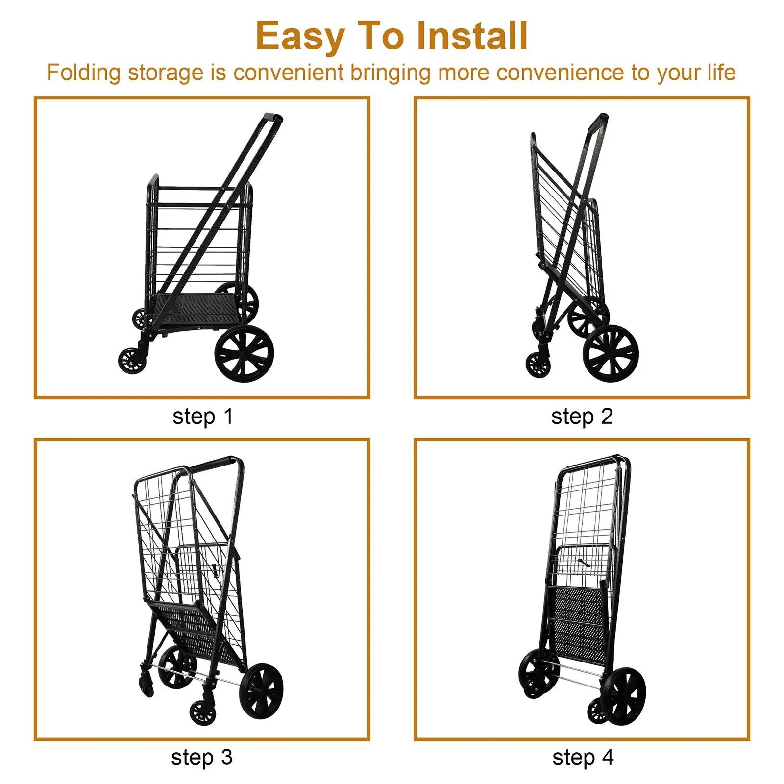 Folding Grocery Shopping Cart Collapsible Utility Cart with 360 Degrees Swivel Wheels, Black