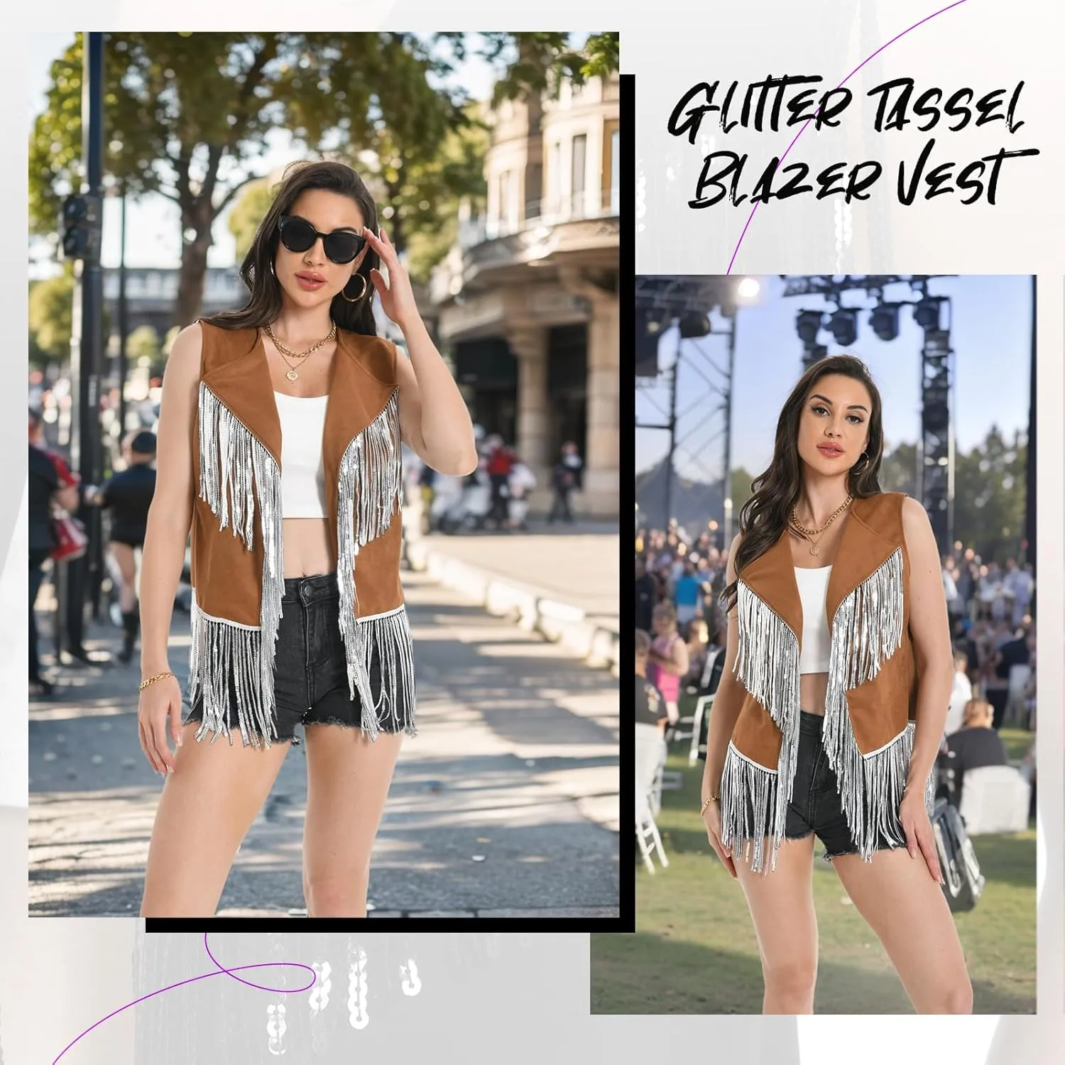 Fringe Vest - 60s 70s Outfits for Women Cowgirl Tassel Sleeveless Hippie Costume Western Faux Suede