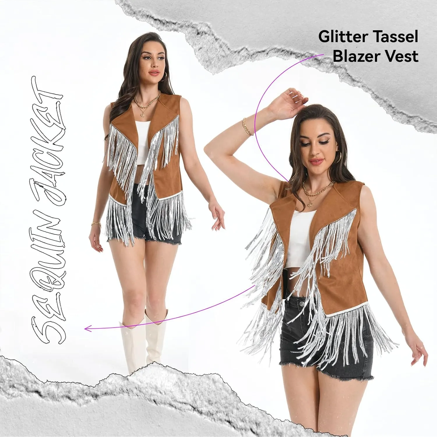 Fringe Vest - 60s 70s Outfits for Women Cowgirl Tassel Sleeveless Hippie Costume Western Faux Suede