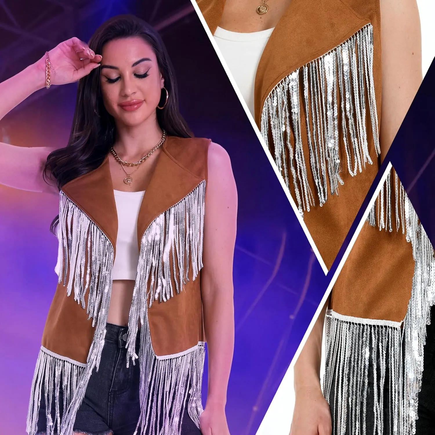 Fringe Vest - 60s 70s Outfits for Women Cowgirl Tassel Sleeveless Hippie Costume Western Faux Suede