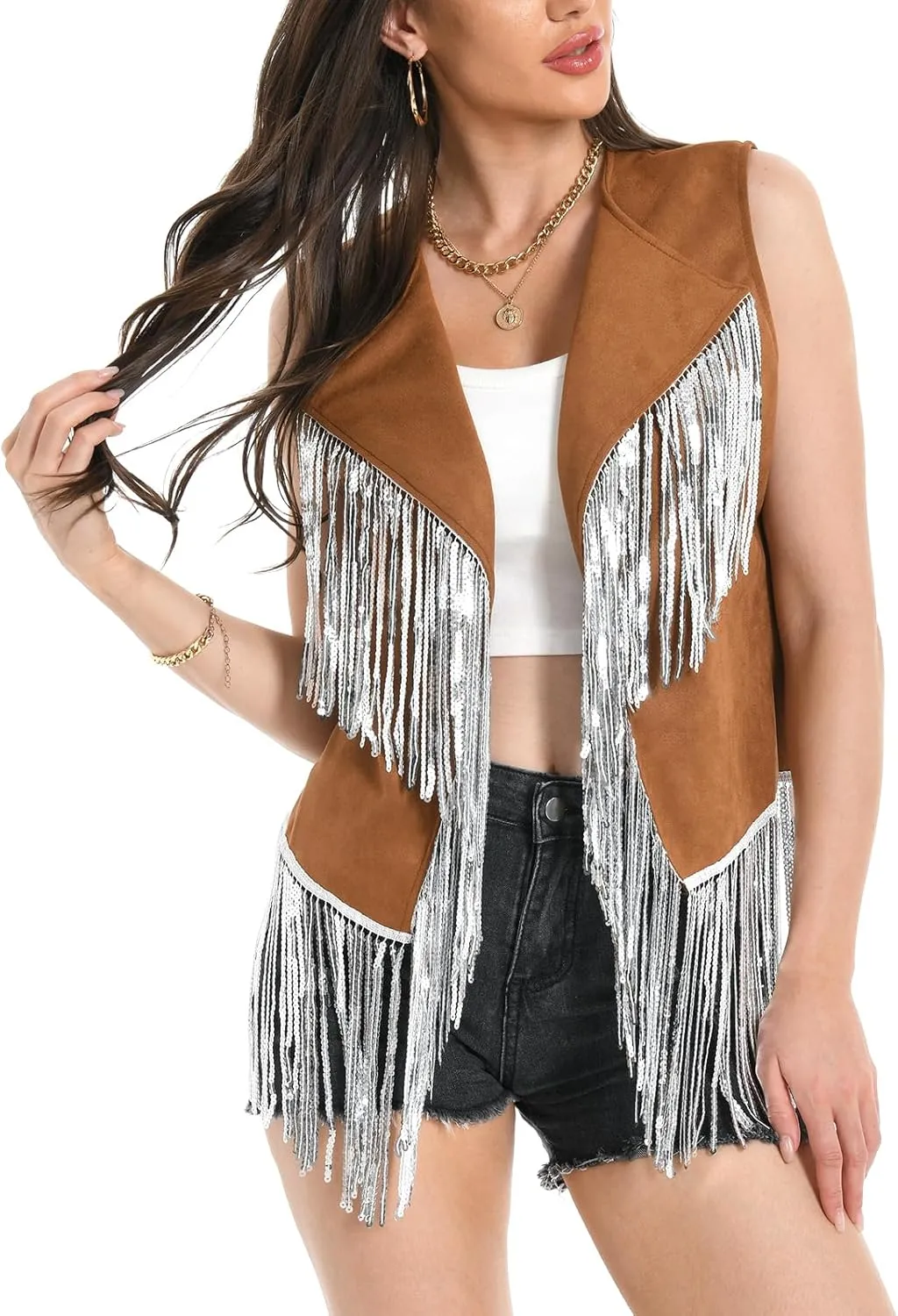 Fringe Vest - 60s 70s Outfits for Women Cowgirl Tassel Sleeveless Hippie Costume Western Faux Suede